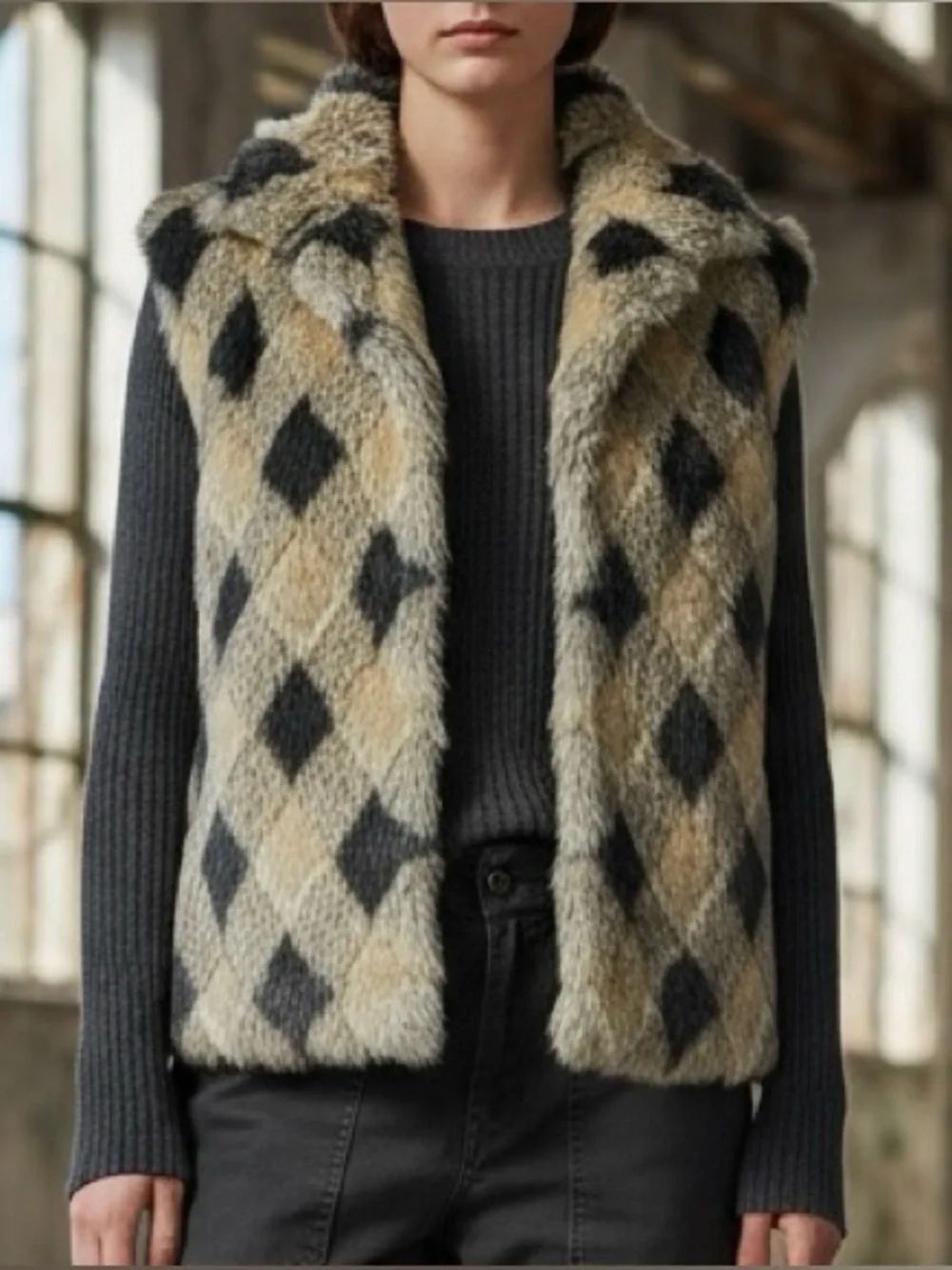 Vintage Y2K Pamela McCoy Faux Fur Vest Checkered Argyle Pattern Beige Gray Small